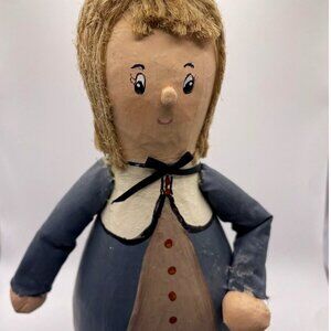 Vintage Hand Painted Farmer Pilgrim Gourd Shaker Art Rope Hair Collar